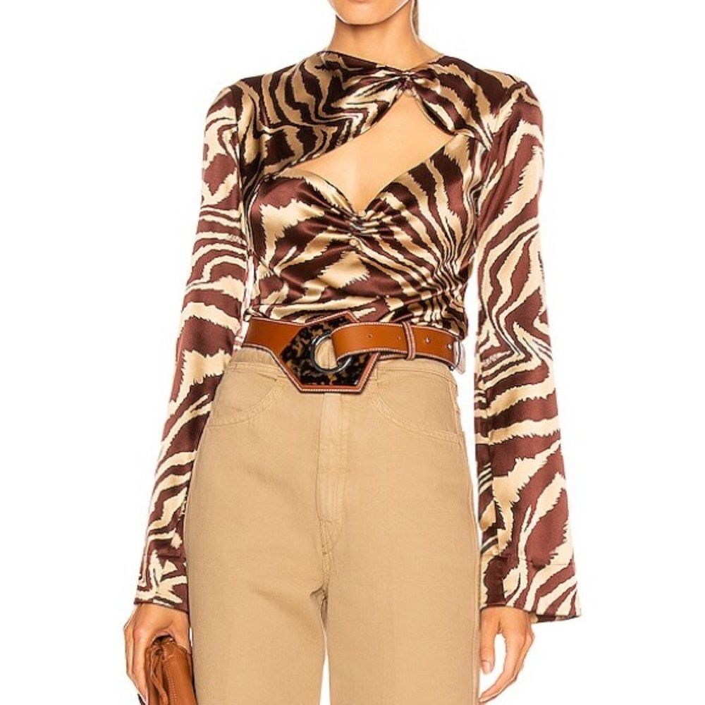 GANNI Tannin Animal Print Silk Stretch Satin Baddie Blouse Size EU 38/ US 6